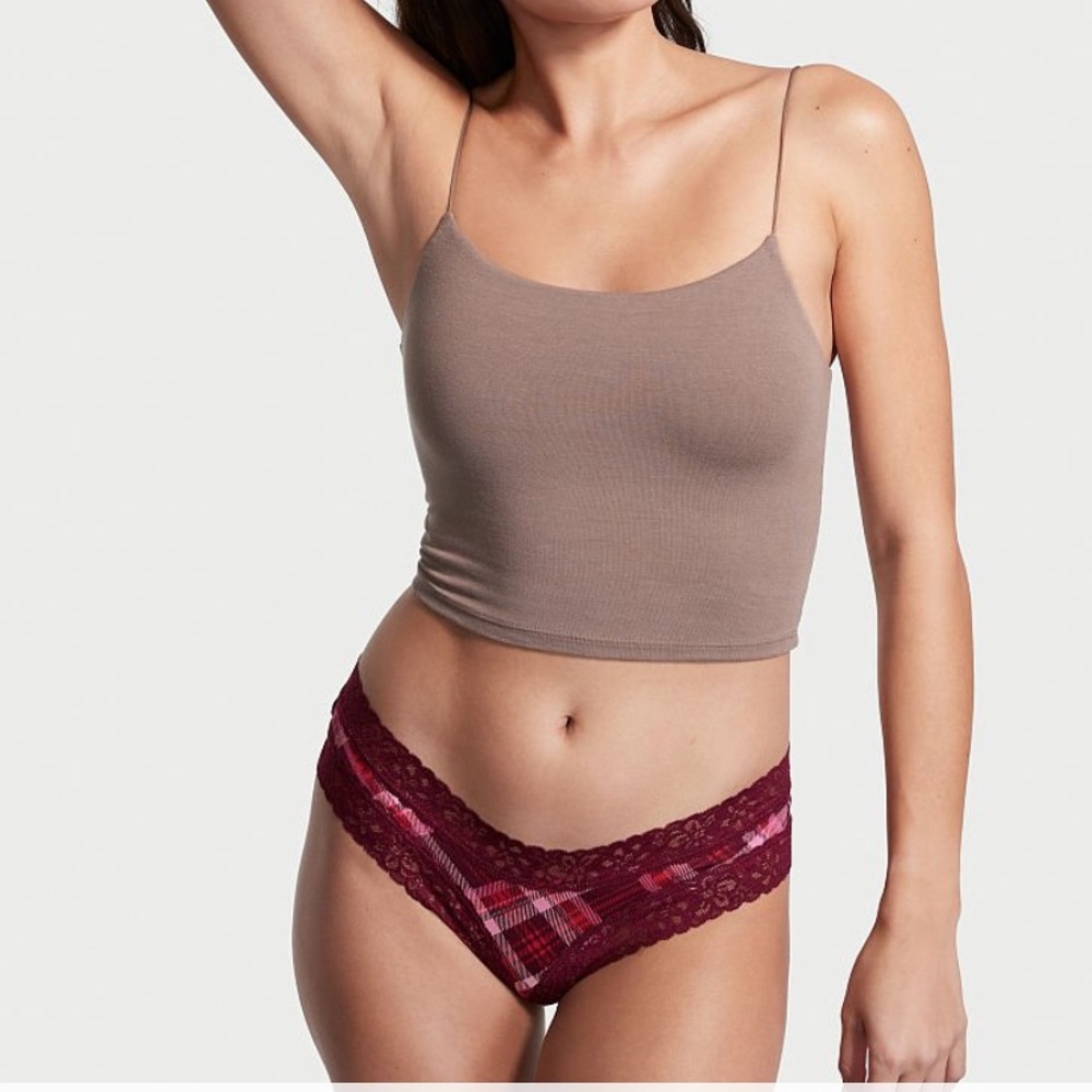 NWT Victoria’s Secret red plaid cotton lace cheeky undies.